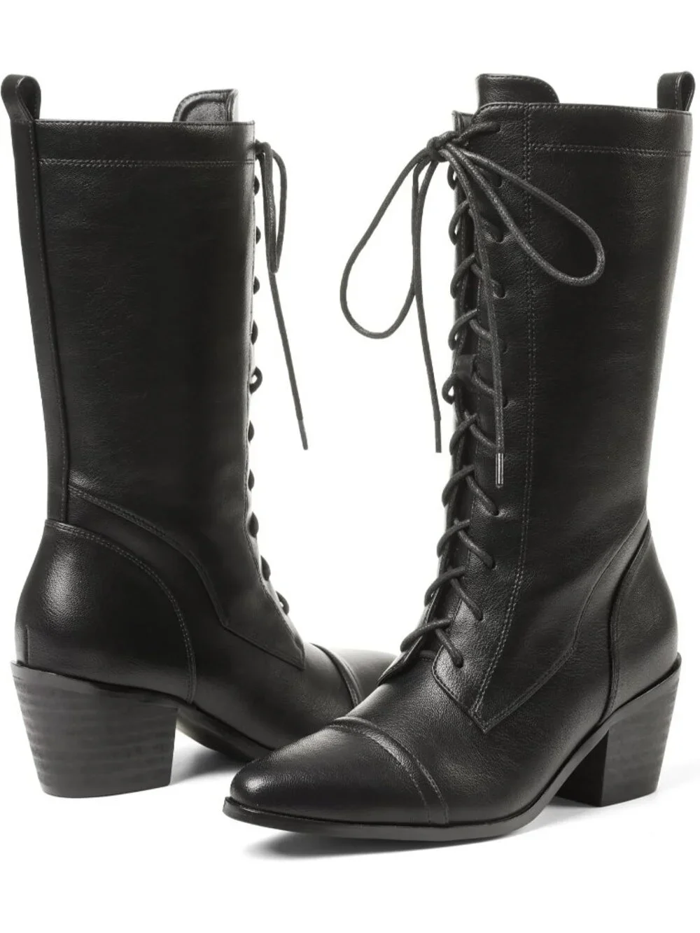 Women's Black Lace Up Chunky Heel Vintage Combat Heeled Dress Casual Boots